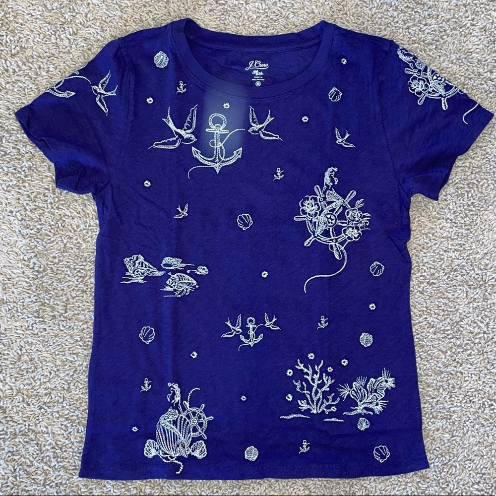 J Crew Short-Sleeve T-Shirt with Nautical Embroidery Blue White Size Medium